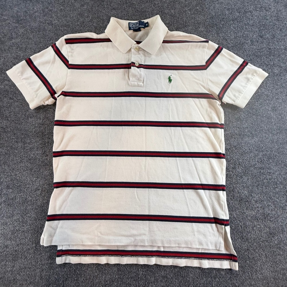 Polo Ralph Lauren Mens Medium Cream Striped Short Sleeve Cotton Pique Polo Shirt
